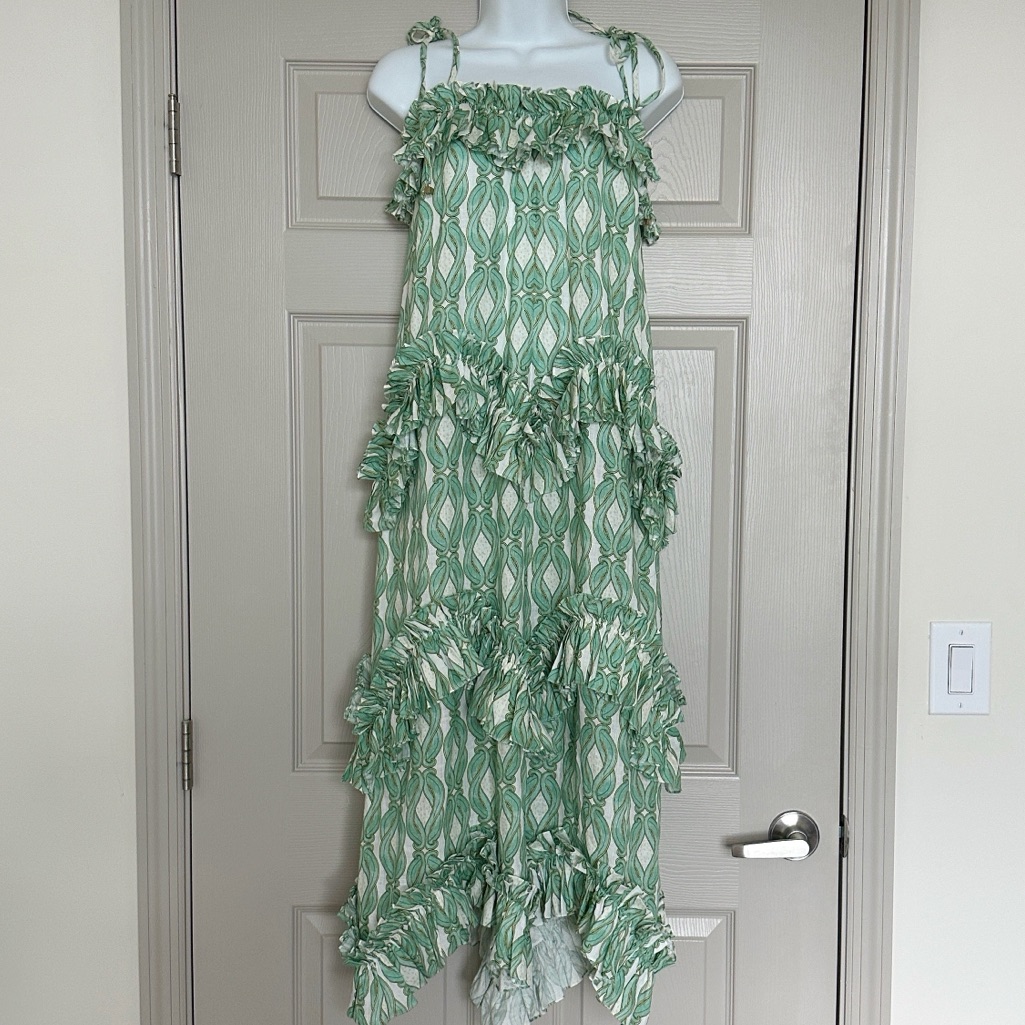La Plage Green And White Tiered Ruffle Dress 100% Linen